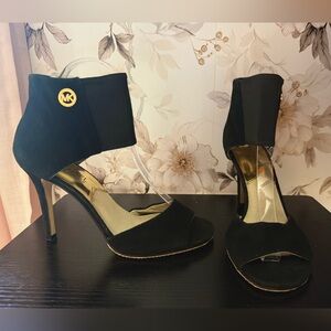 Michael Kors Black Suede Open-Toe Ankle-Cuff Heels with Gold MK Accent